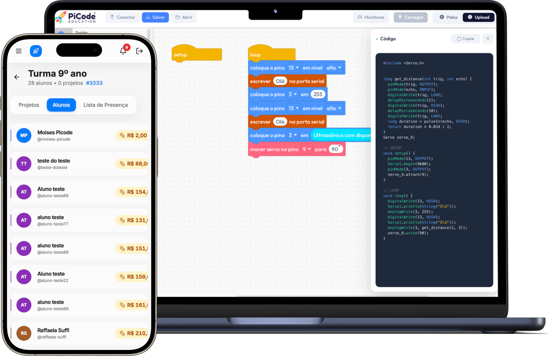 Plataforma PiCode no notebook e no celular mostrando o ambiente de programação em blocos e a turma de alunos